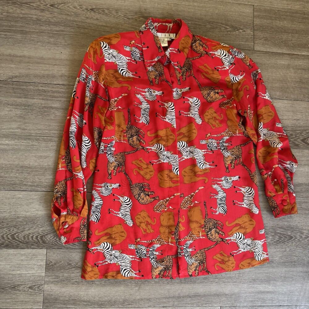 Vintage 100% Silk Piano Blouse Sz S Mob Wife Bold Red Animal Print Old Money - Picture 11 of 16